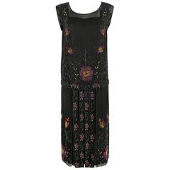 Antique COUTURE c.1920s Black Silk Floral Beaded Embroidered Panel Flapper Evening Dress