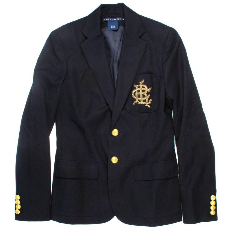 Ralph Lauren Jacket - US 2 - 34 - Black Wool Blazer Logo Patch Crest Gold  Coat at 1stDibs
