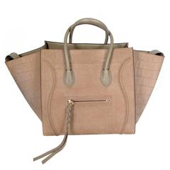 Celine Phantom Bag - Tan Suede Leather Embossed Crocodile Luggage Tote Handbag