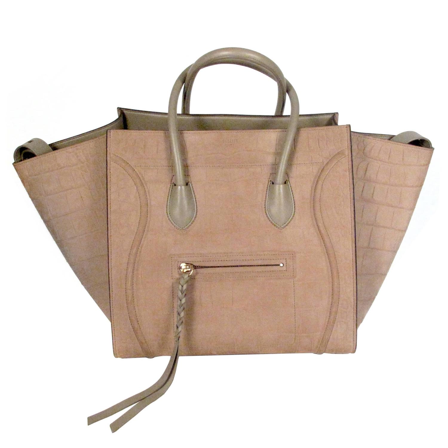 Celine Phantom Bag Tan Suede Leather Embossed Crocodile Luggage