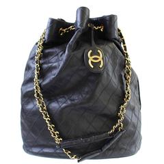 Chanel Vintage Black Lambskin Jumbo Bucket Weekender Travel Shoulder Chain Bag