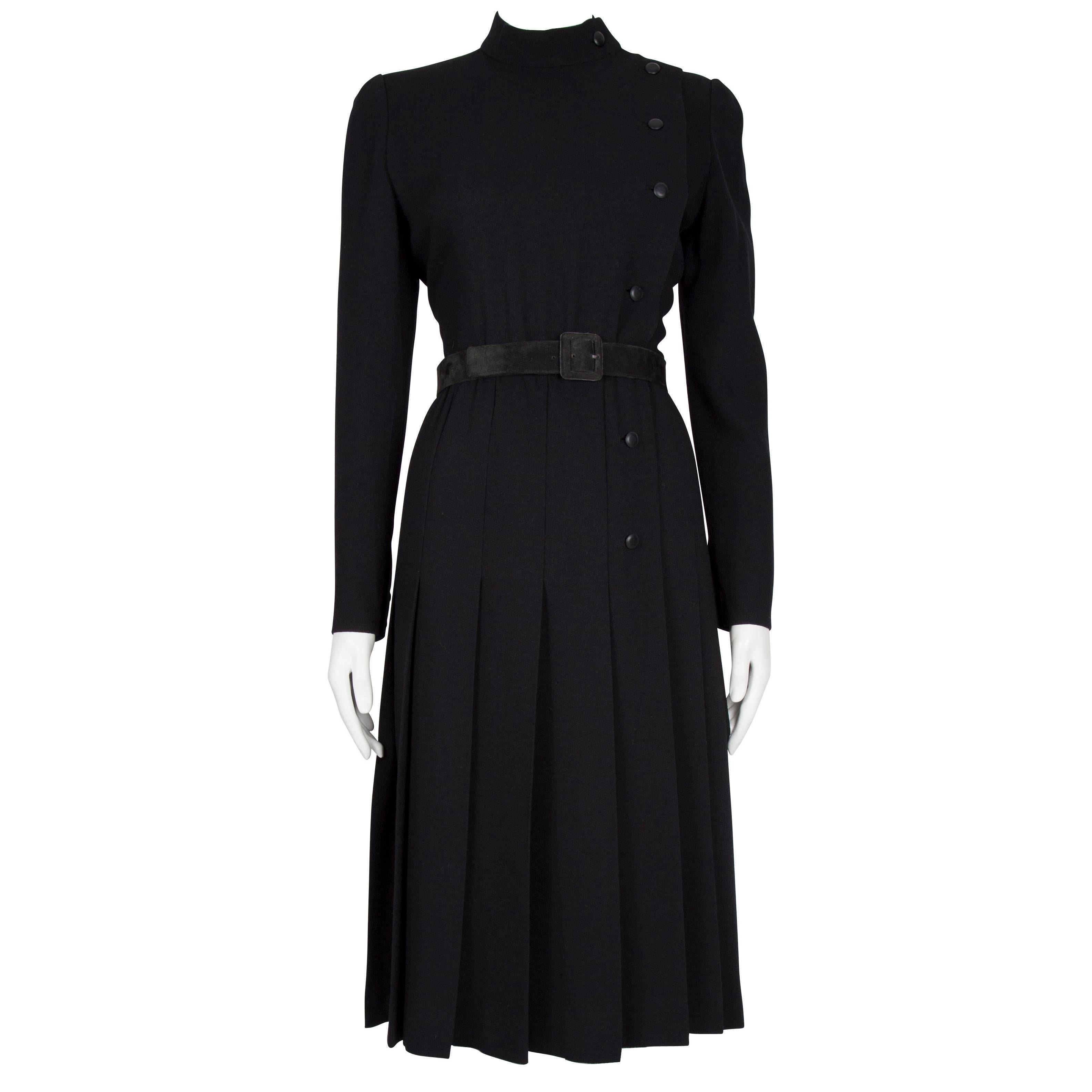 A/W 1979 Dior Couture Black Silk Crepe Button-Down Wrap Dress with Suede Belt For Sale