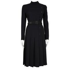 A/W 1979 Dior Couture Black Silk Crepe Button-Down Wrap Dress with Suede Belt