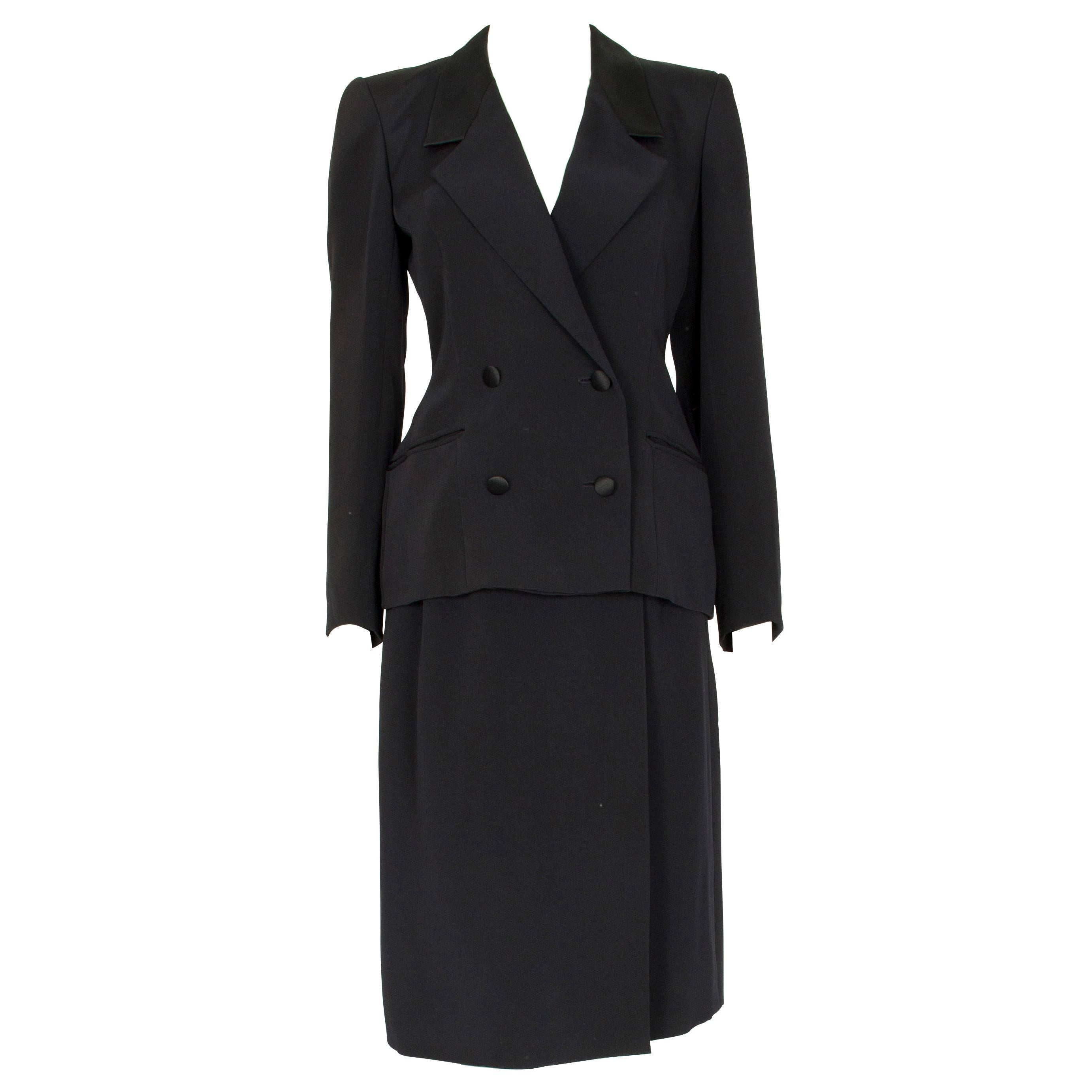A/W 1980 Dior Couture Navy Silk Satin Double Breasted Jacket & Wrap Skirt Suit For Sale
