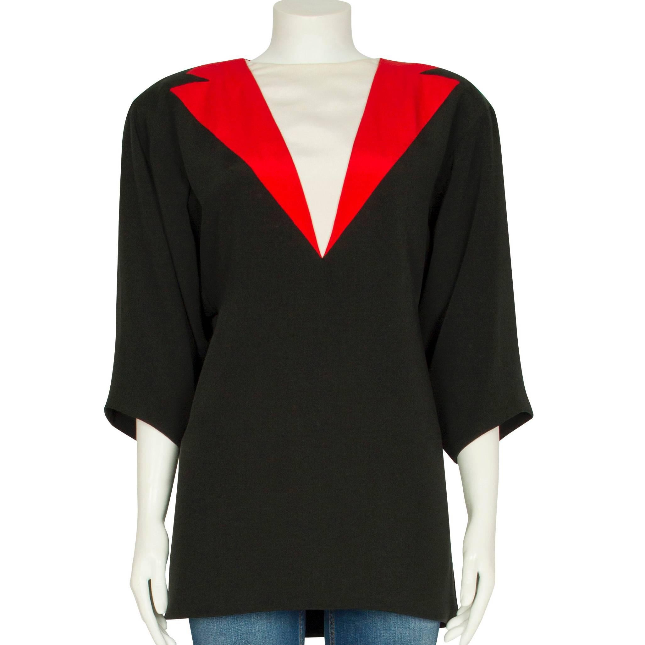 S/S 1983 Dior Couture Black Red & Ivory Silk Trompe L'Oeil Boxy Tunic For Sale 2