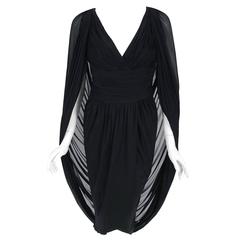 1975 Halston Black Silk-Chiffon Ruched Low Plunge Draped-Cape Cocktail Dress