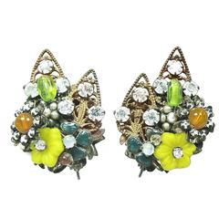 Vintage Famous 1950s Miriam Haskell Floral Glass Clip Earrings