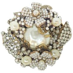 Signed 1950s Miriam Haskell Floral Faux Seed & Baroque Pearl Brooch