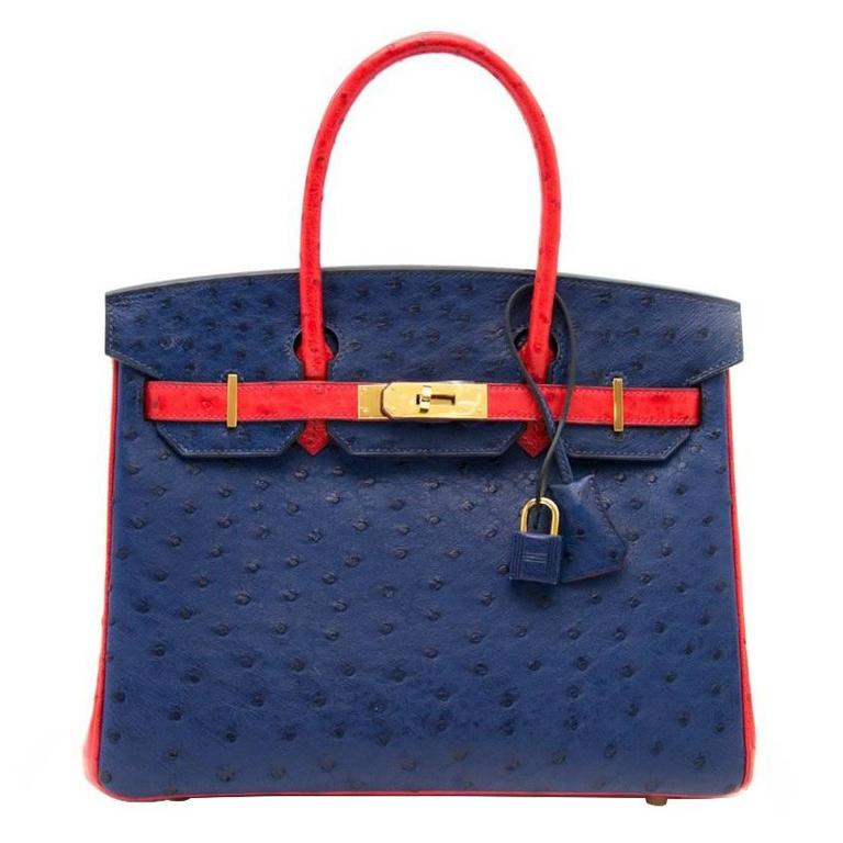 Rare As New Hermes Birkin 30 Ostrich Bicolor Rouge Exotique And Blue  Sapphire at 1stDibs