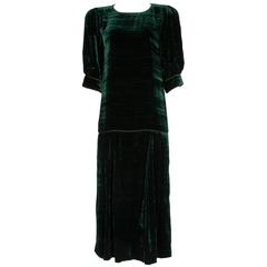 1980s Anouska Hempel Forest Green Velvet Dropped-Waist Dress with Puffed Sleeves