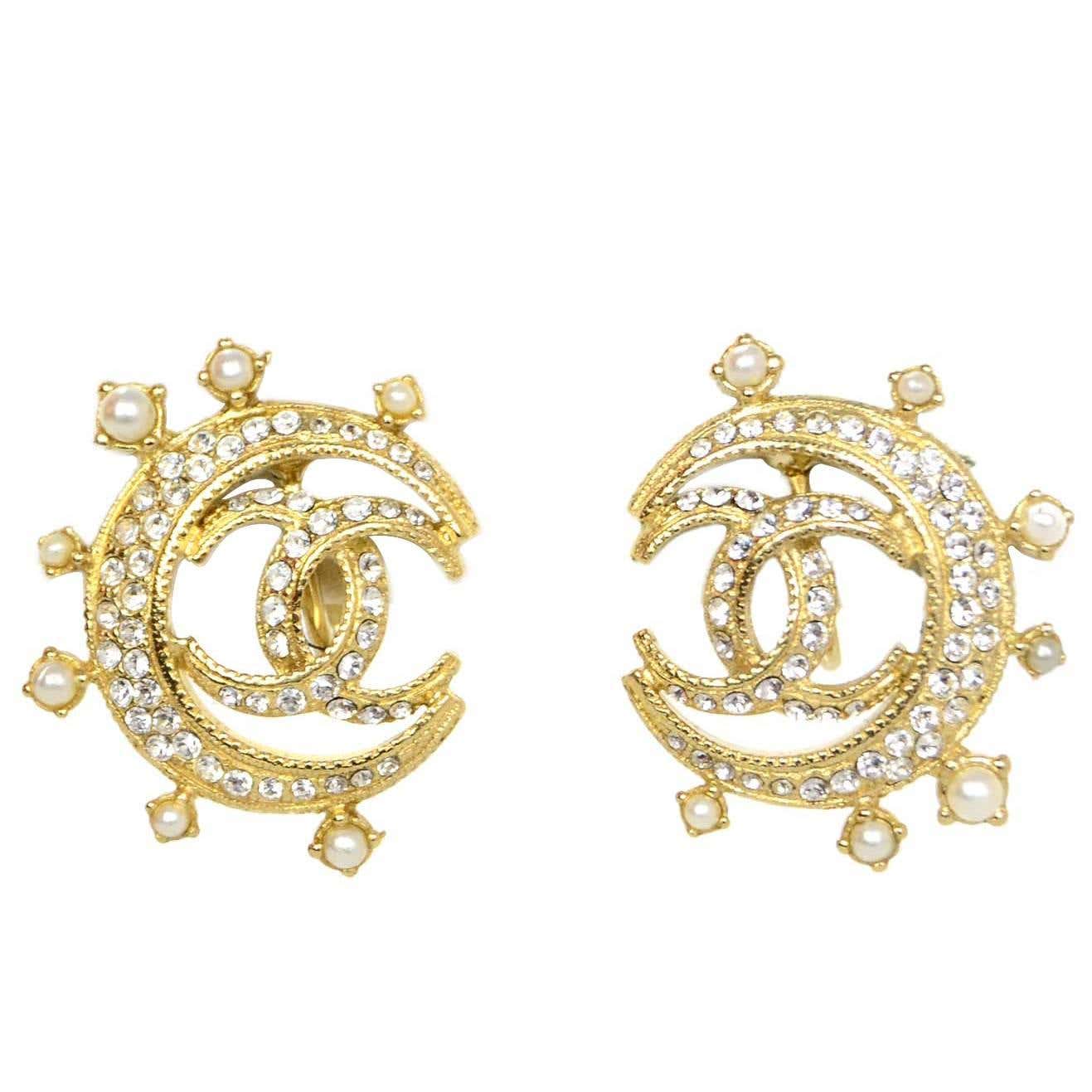 Chanel Goldtone and Crystal CC Moon Earrings For Sale at 1stDibs ...