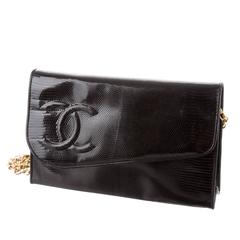 Chanel Vintage Black CC Logo Lizard Skin Evening Crossbody Shoulder Flap Bag