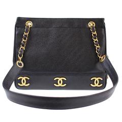 Chanel Retro Black Caviar Leather Gold Charms Chain Shoulder Shopper Tote Bag
