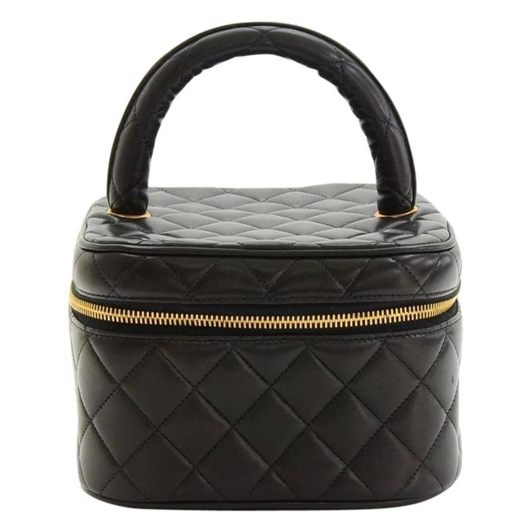 Chanel Vintage Black Lambskin Cosmetic Vanity Travel Evening Top Handle Bag