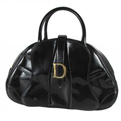 Vintage Christian Dior Bag - Black Patent Leather Tote Handbag Charm Logo Gold