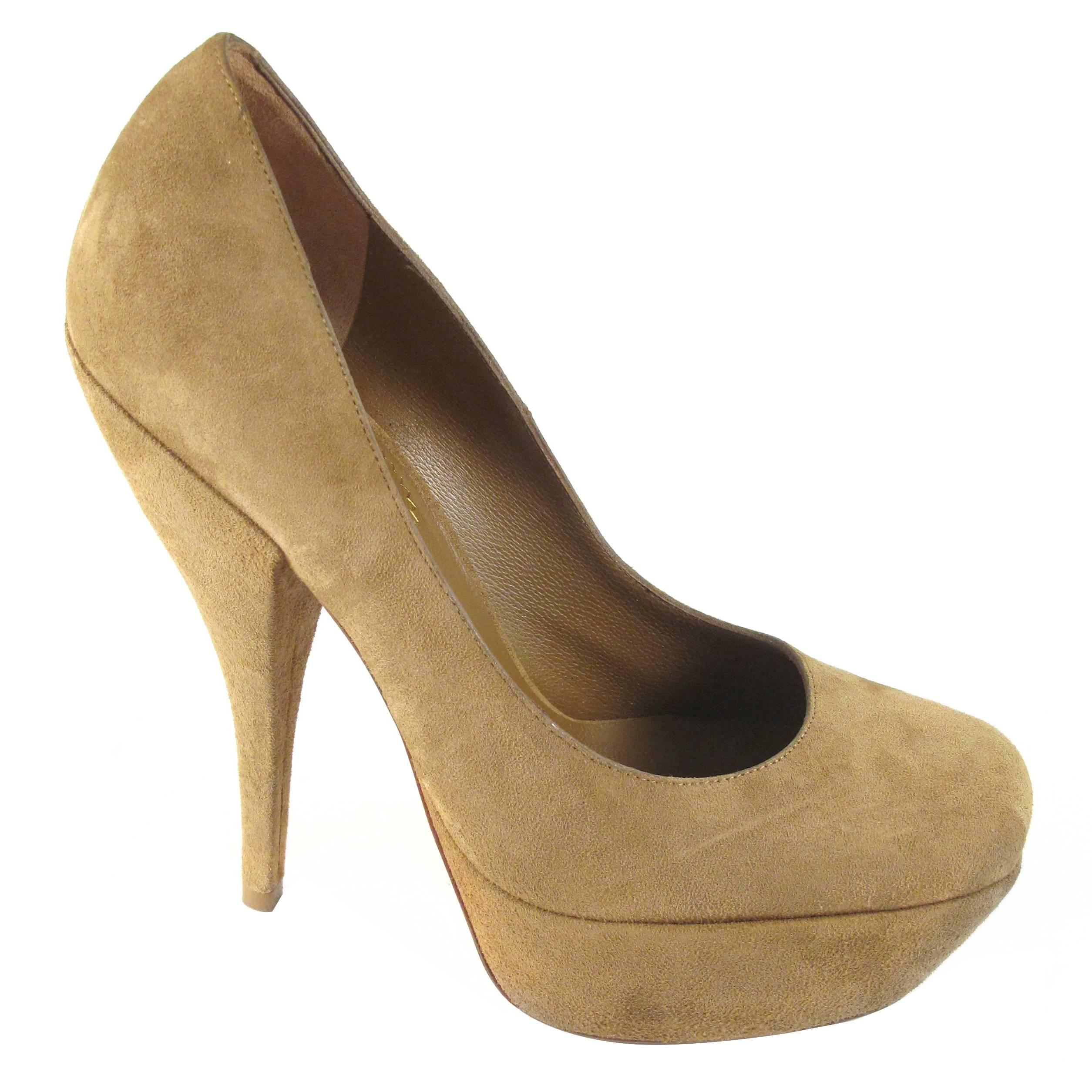 Saint Laurent New Tan Suede Heels 5.5 - 35.5 - Platform Pumps Shoes 5 6 Tribute