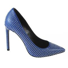 Saint Laurent Heels - New - 5 - 35 - Blue Leather Silver Studded Pumps Shoes 5.5