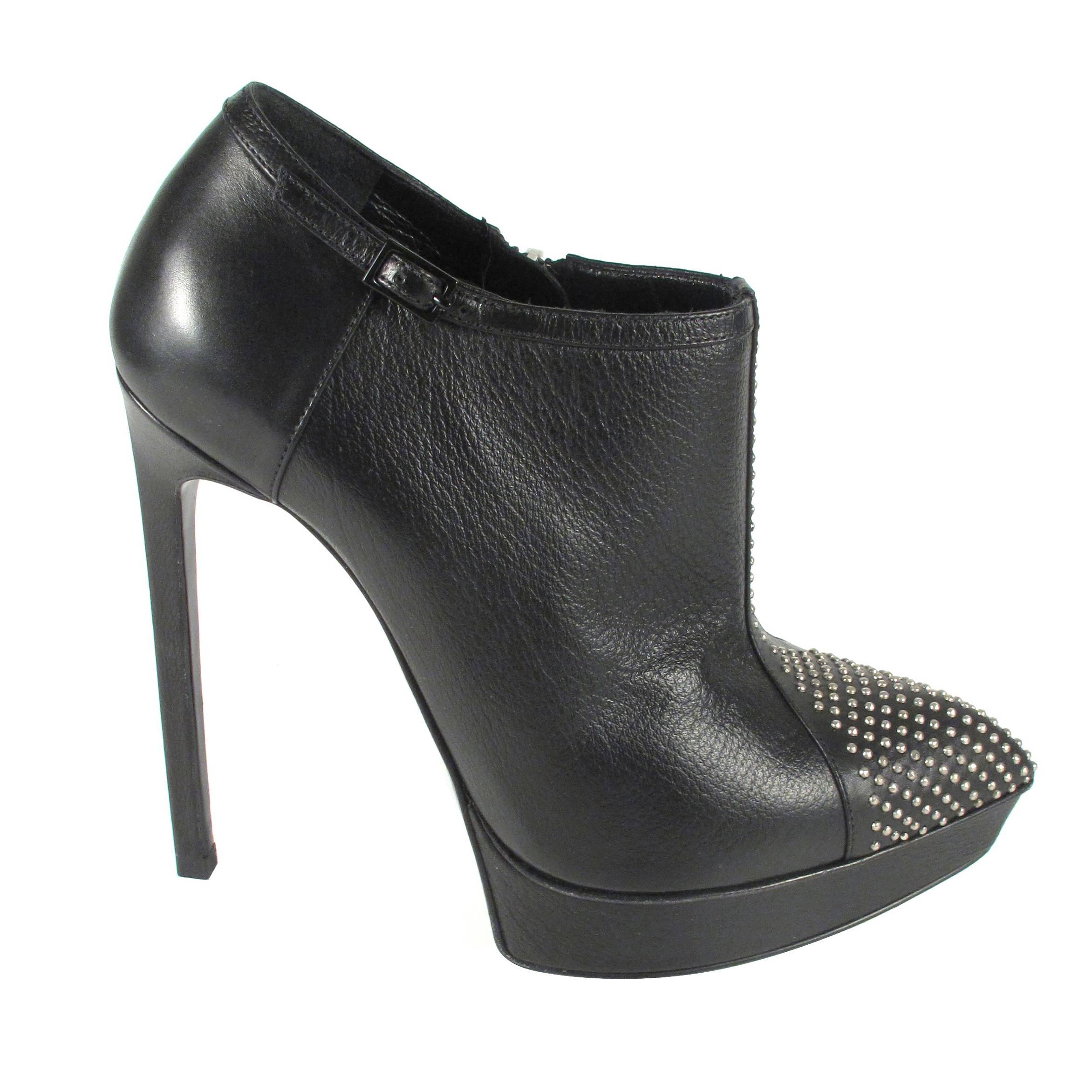 Saint Laurent Booties - 5 - 35 - Black Leather Silver Studded Heels Boots Janis