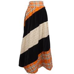 1970's Chessa Davis Black Velvet Lace & Orange Plaid Maxi Skirt