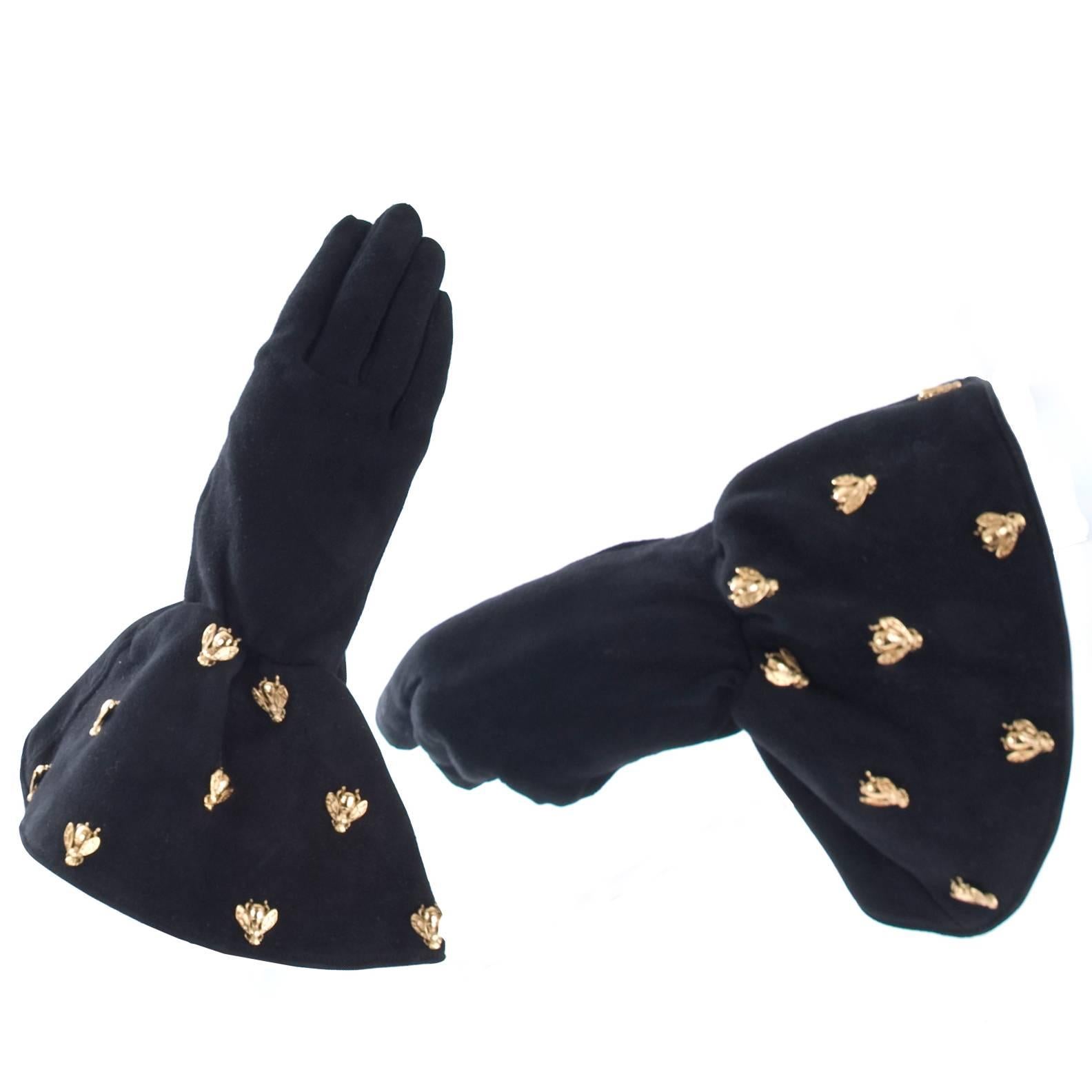 Vintage Christian Dior Boutique Black Suede Gloves Embelished with  Bee's For Sale