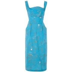 1950s Alfred Shaheen Turquoise Cotton Novelty Print Hawaiian Dress