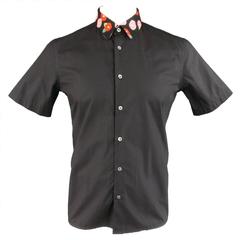 Men's RAF SIMONS Size M Black Cotton Short Sleeve Red Floral Collar Shirt