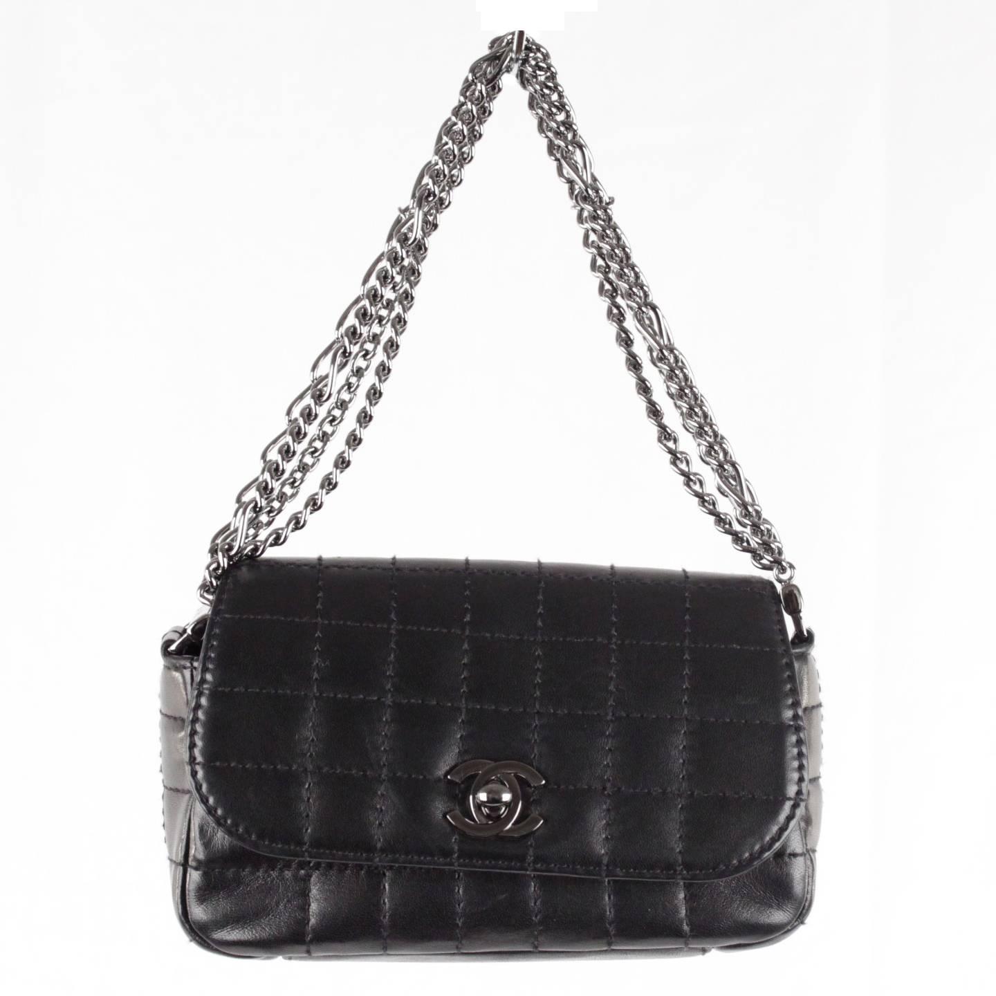 CHANEL Black Square Quilted Leather MINI Flap HANDBAG Multi Chain BAG For Sale at 1stdibs