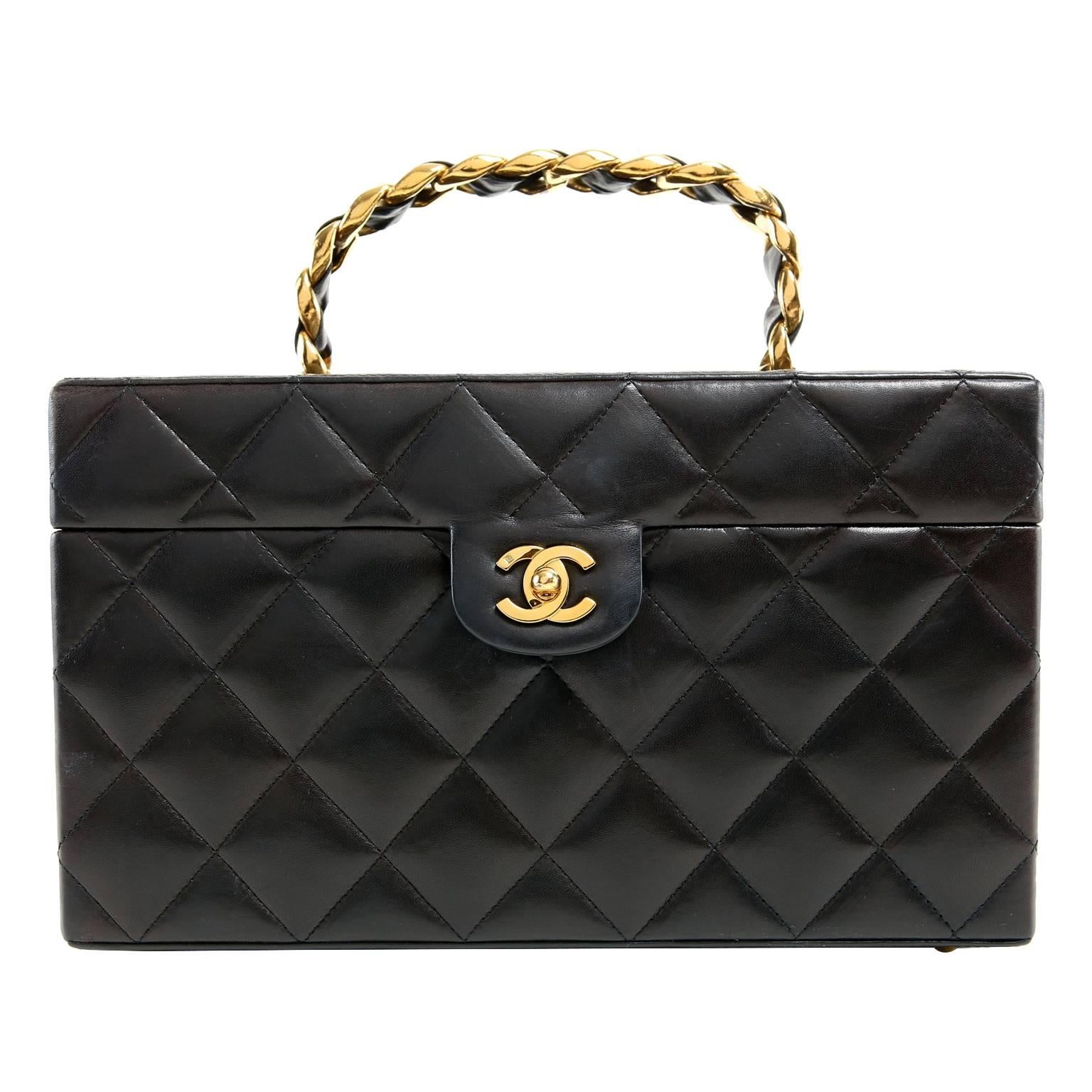 Chanel Vintage Black Leather Top Handle Box Case For Sale