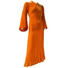 1930s Orange Silk Velvet Bell Sleeve Dress Art Deco Vintage Original 6 XS