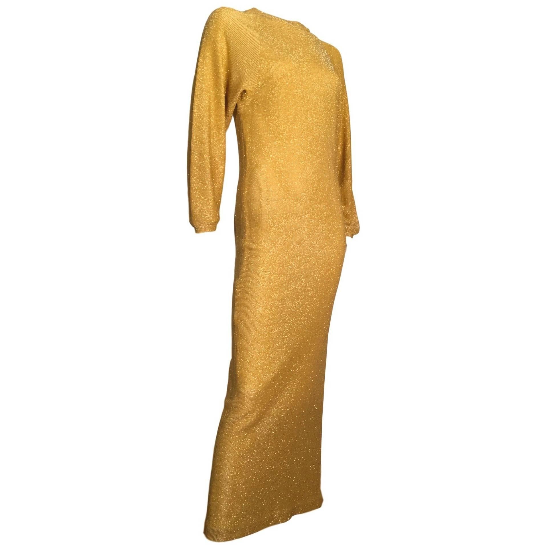 Bill blass Vintage 1970s Metallic Gold Maxi Ribbed Knit Dress 