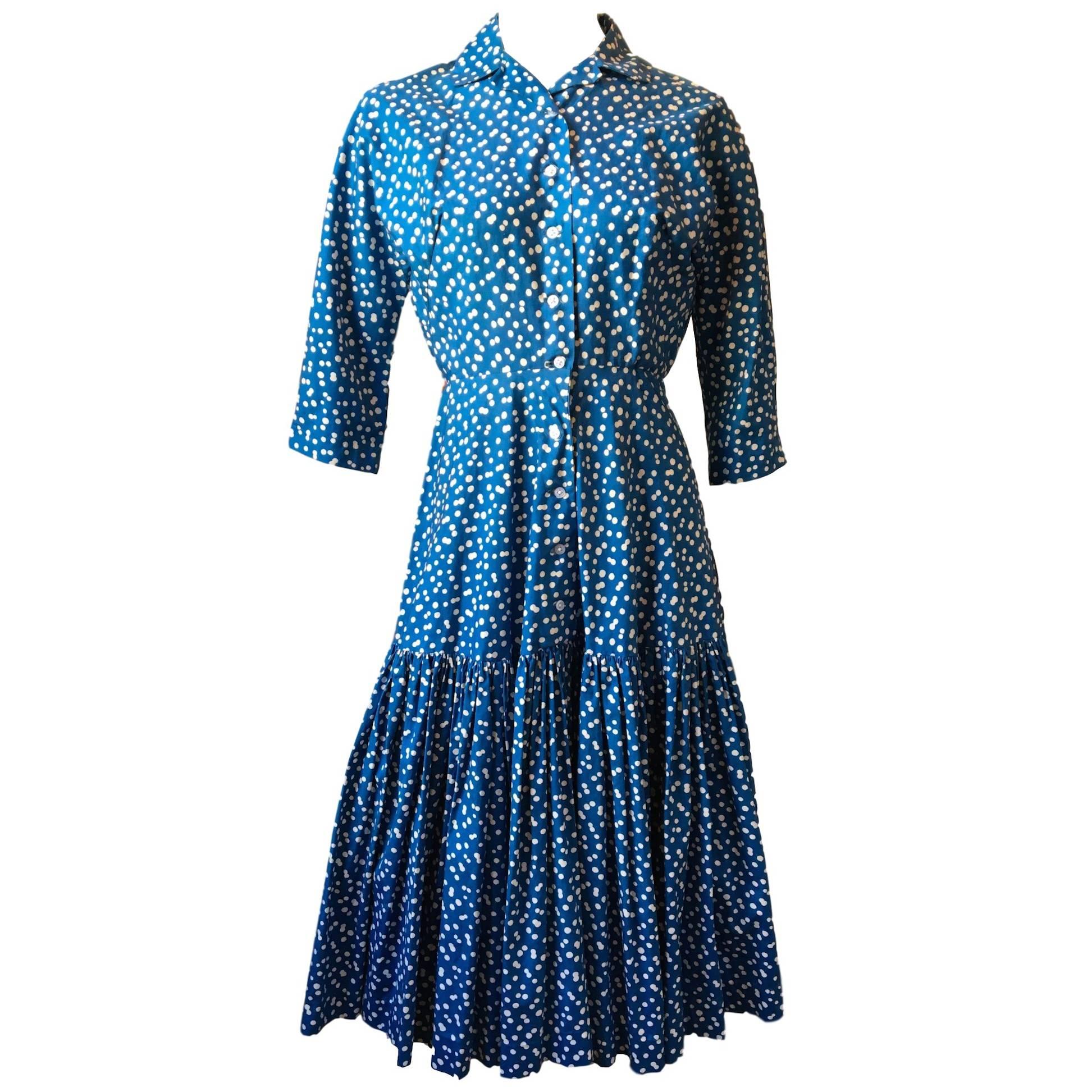 Horrockses Blue white Polka Dot Cotton 1950s Dropped Waist Dress 
