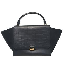 Celine Black Crocodile Stamped Leather Medium Phantom Trapeze Tote Bag 