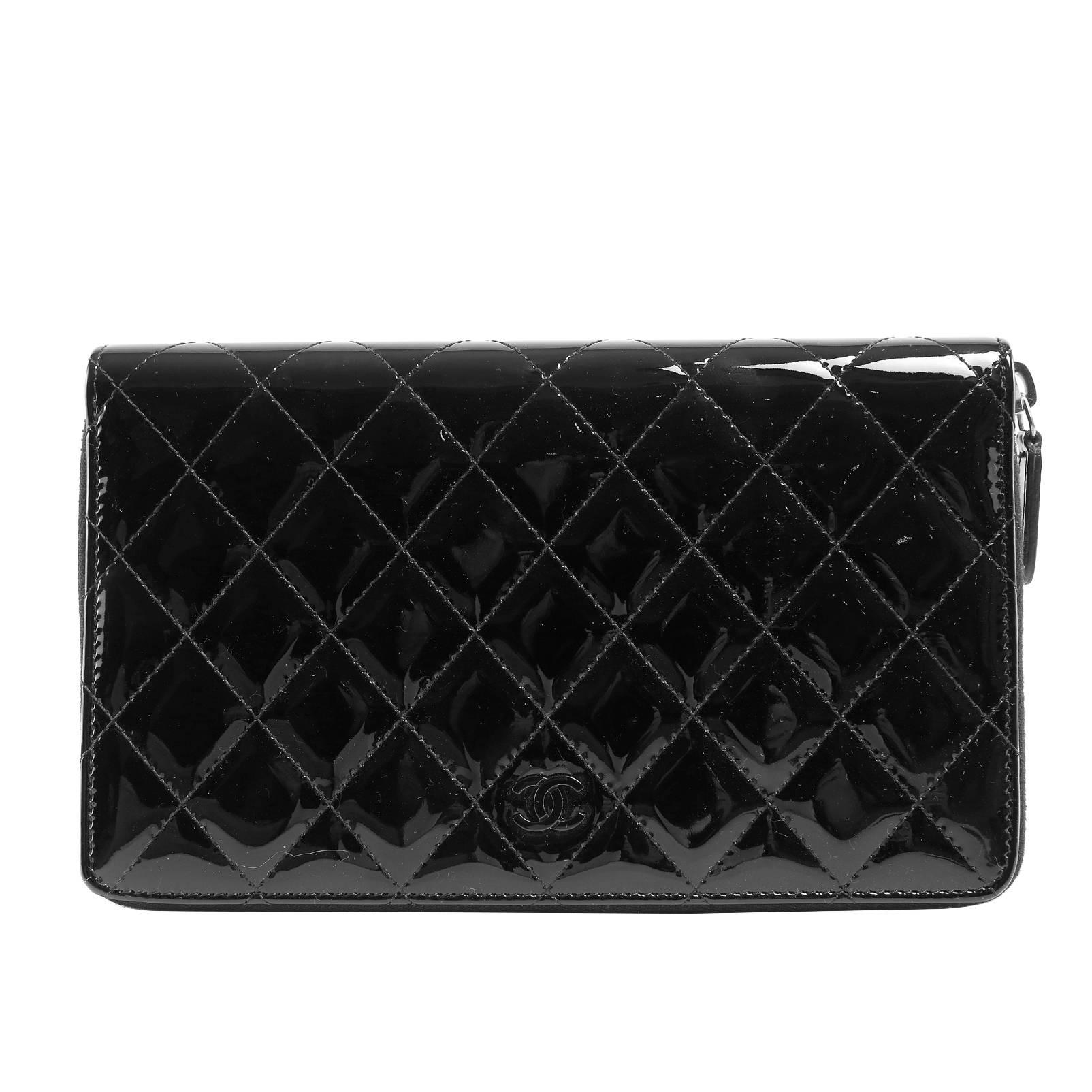Chanel Black Patent Leather Large Zip Around Wallet