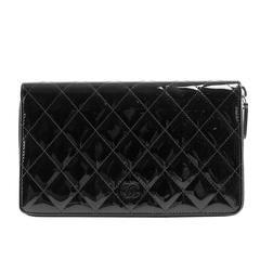 Chanel Black Patent Leather Large Zip Around Wallet