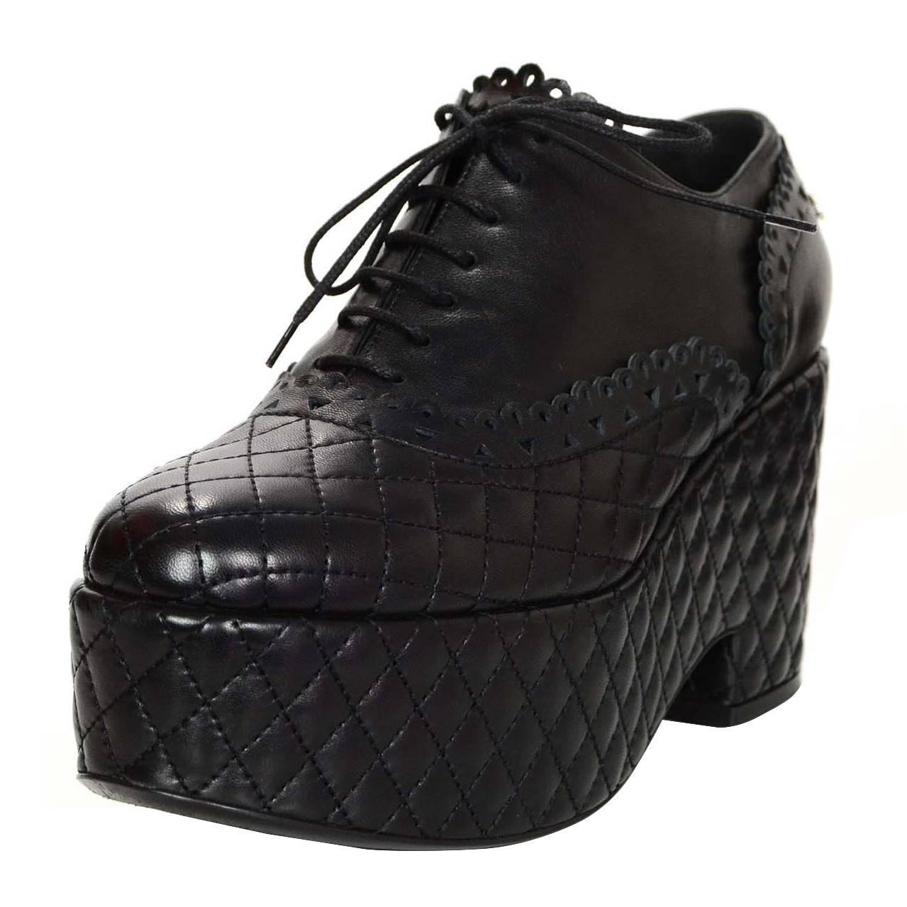 Chanel Black Quilted Oxford Platform Shoes Sz 40.5