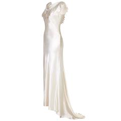 1930s Ivory Satin Wedding Dress with Cowl Neck and Beading