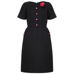 1950s Black Silk Blend Dress With Pink Satin Rose 10