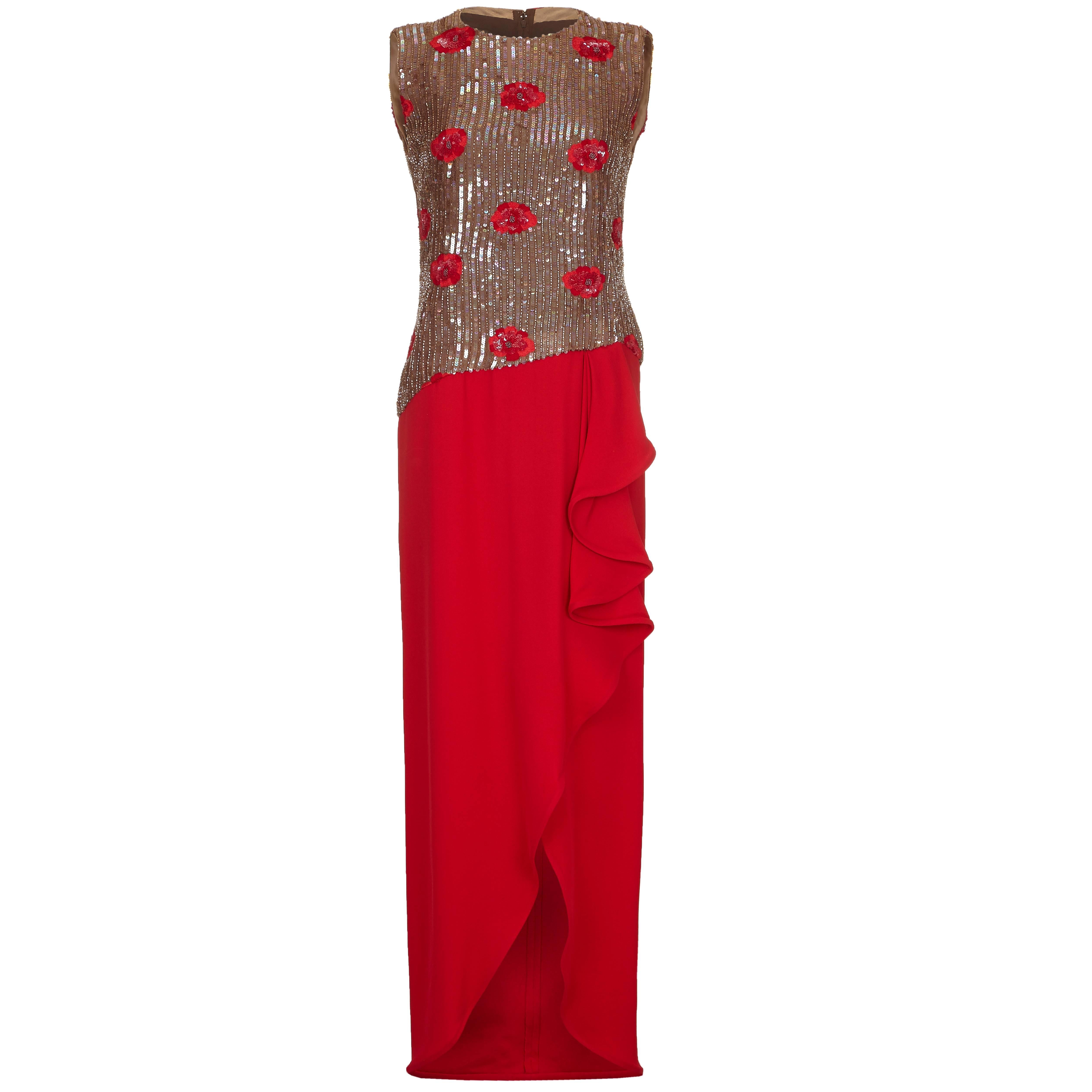 1970s Andre Laug Haute Couture Sequin Bodice and Red Crepe Dress