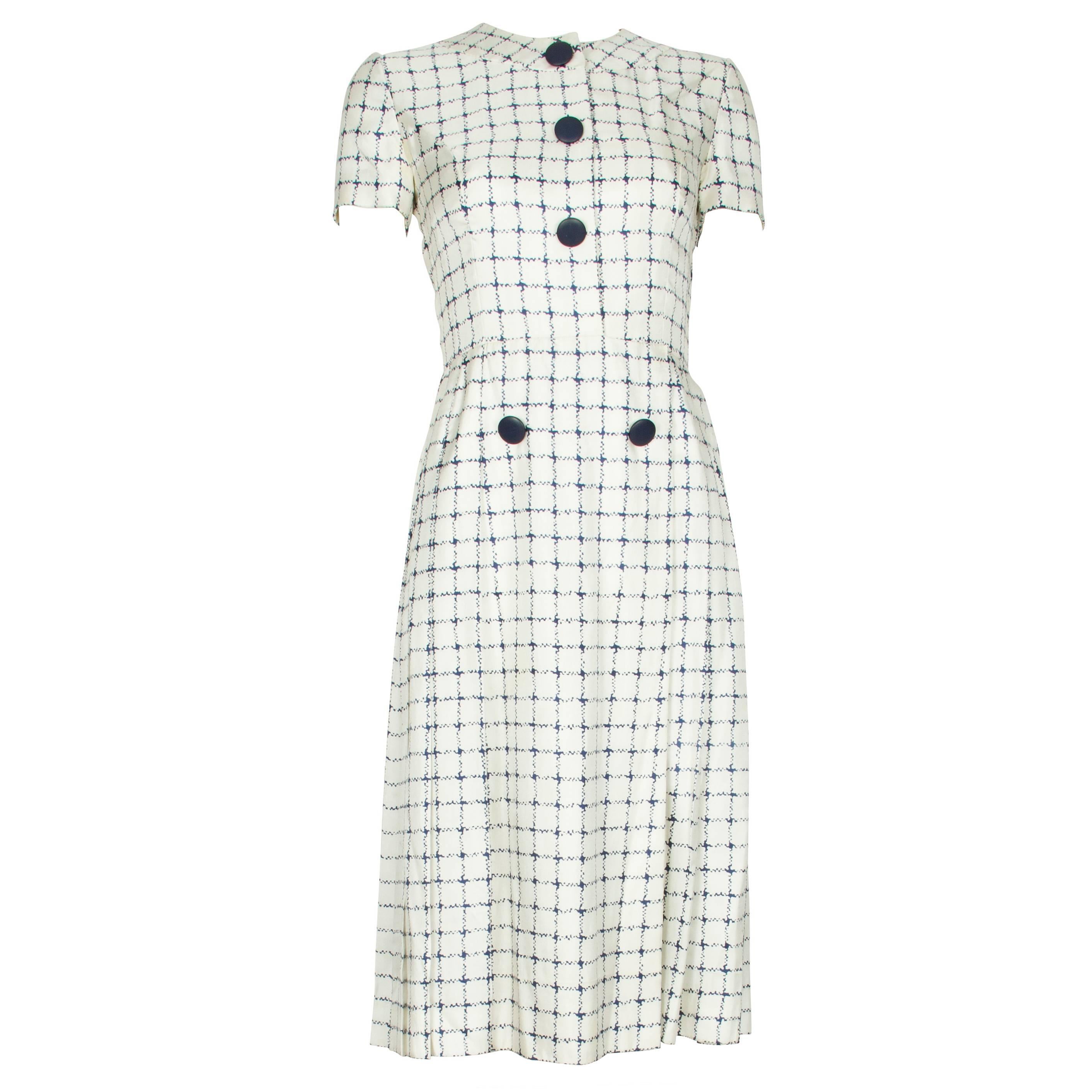 1960's Harald Ivory Silk Dress with Navy Checked Print For Sale