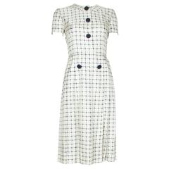 1960's Harald Ivory Silk Dress with Navy Checked Print