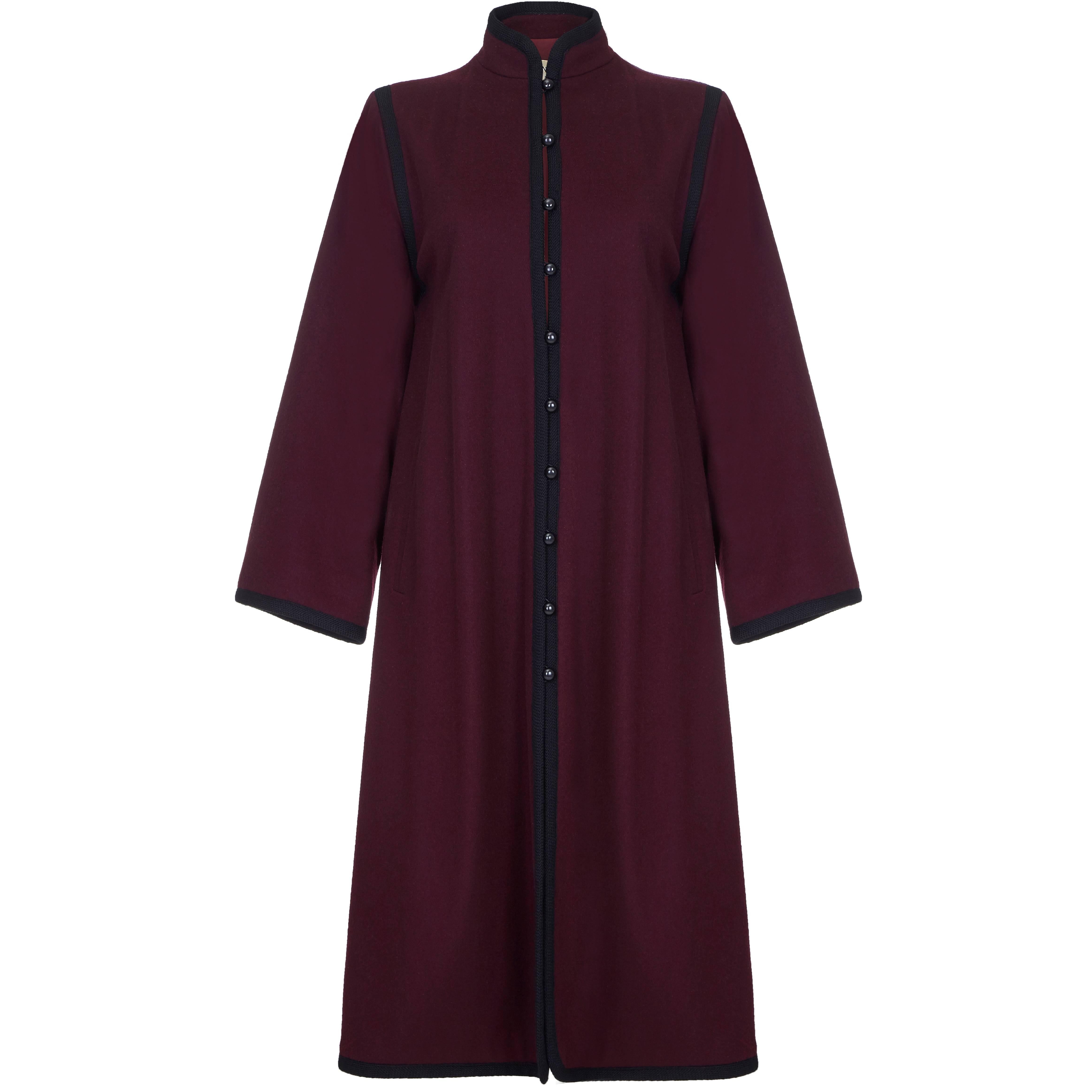 1970s YSL Yves Saint Laurent Burgundy Wool Russian Collection Coat