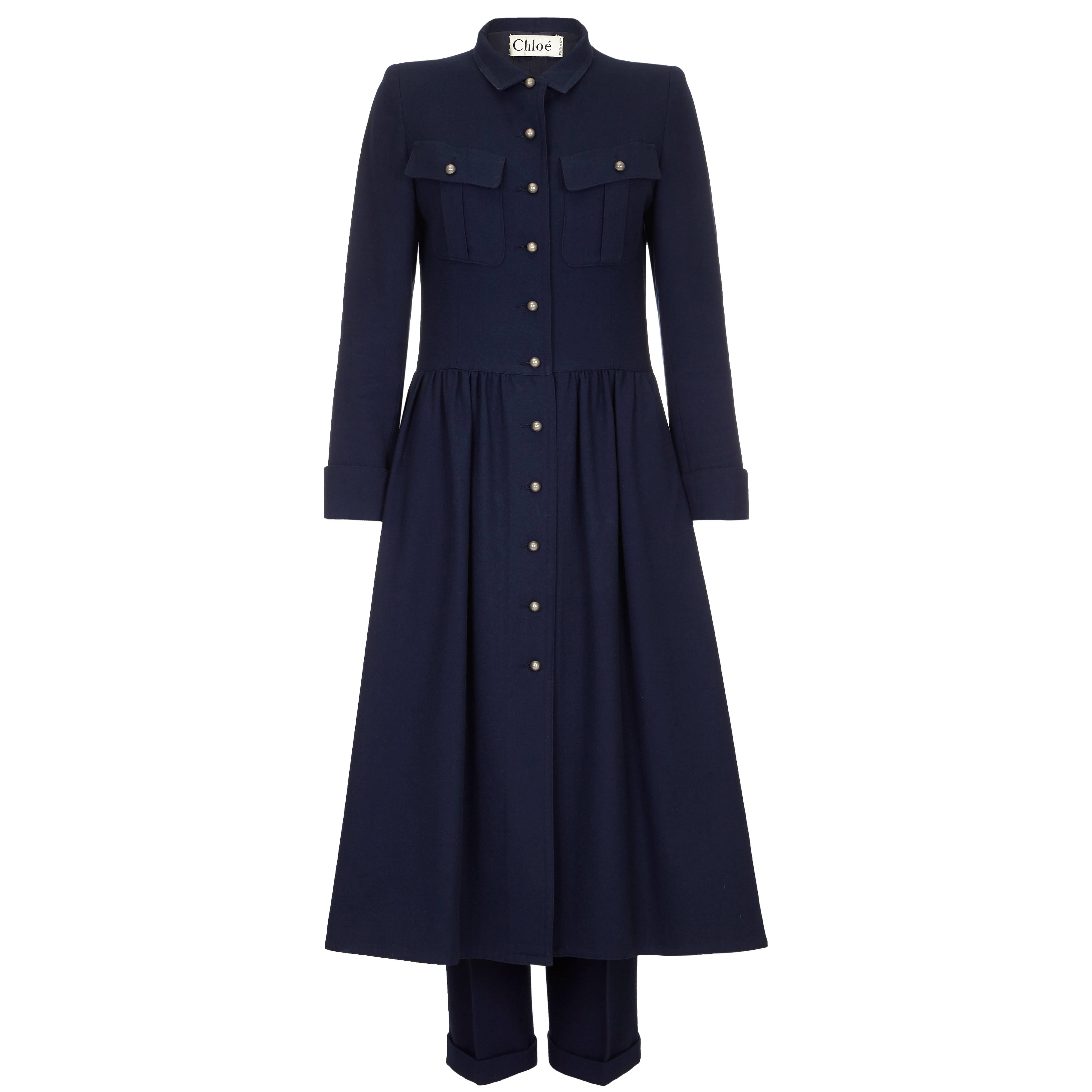 1970s Chloe Navy Wool Dress Coat and Trouser Suit 