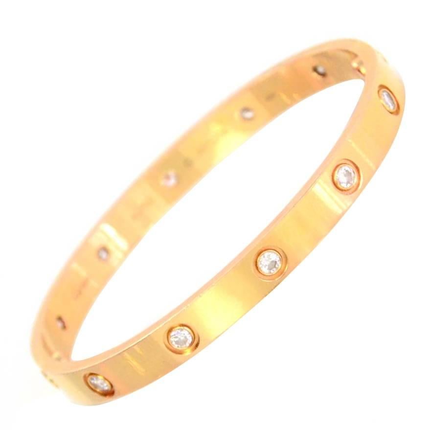 Cartier Pink/Rose  Gold 10 Diamond LOVE Bracelet sz 17 w/ Screwdriver and Recei