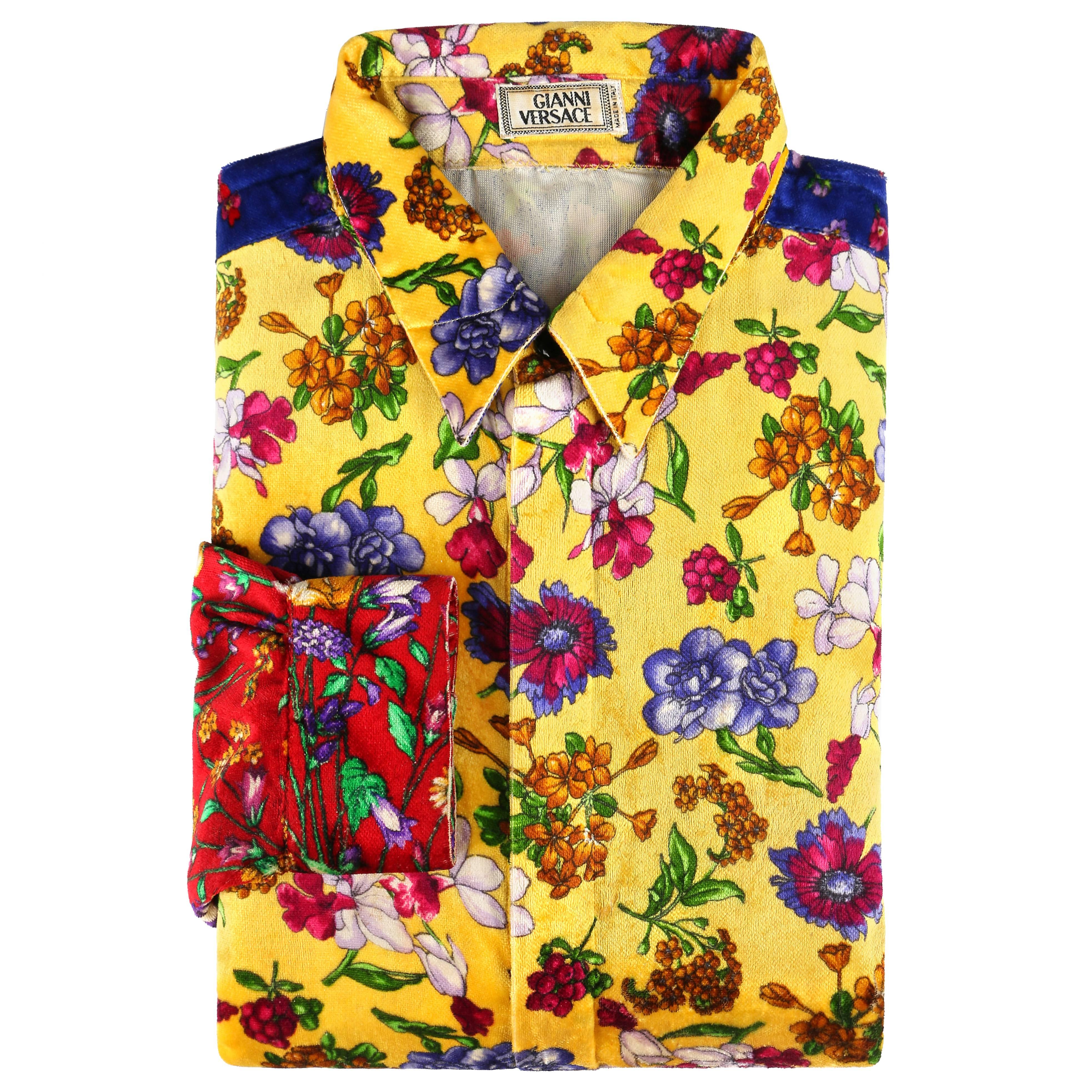 GIANNI VERSACE c.1990's ColorBlock Floral Patchwork Velvet Button Down Shirt
