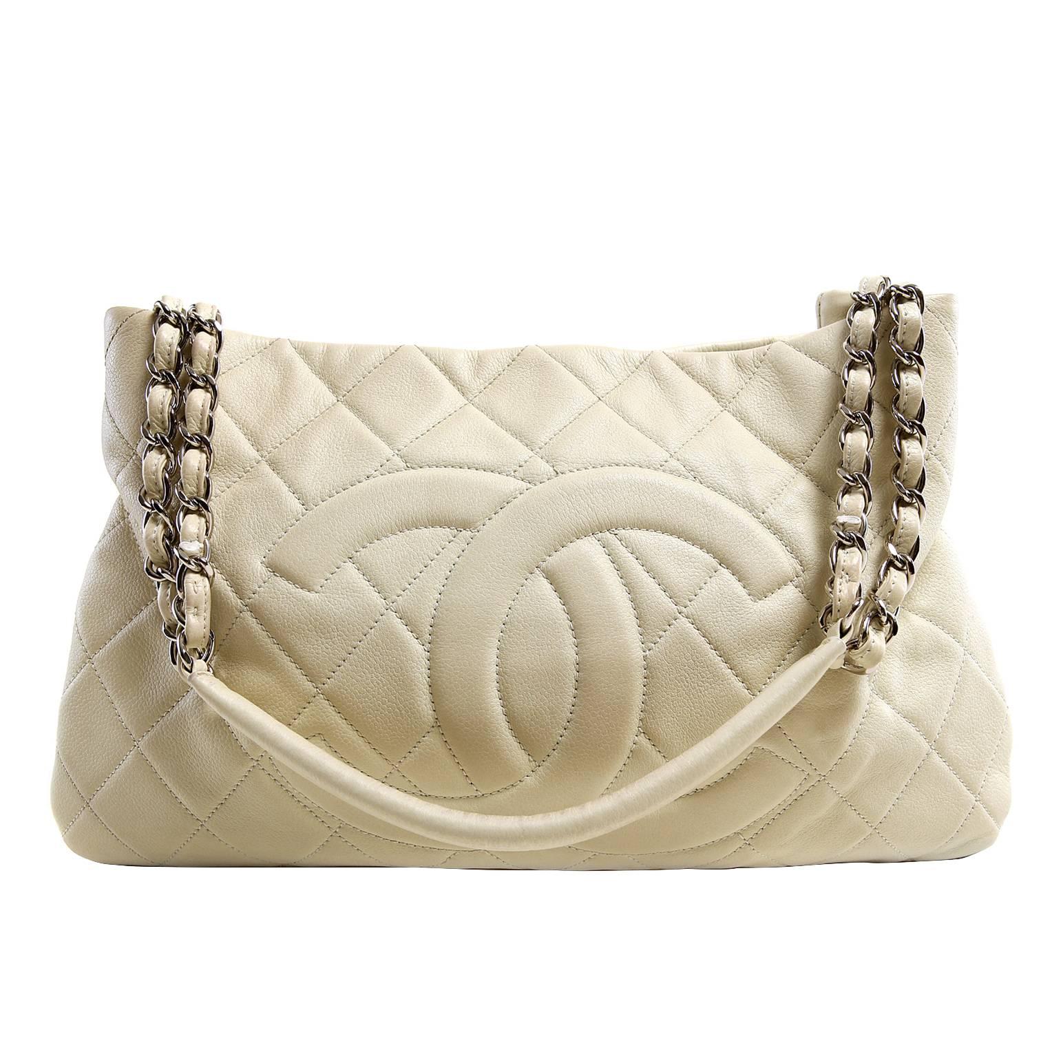 Chanel Ivory Leather Zip Around Expandable Tote Shoulder Bag