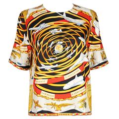 HERMES c.1990's "Reves D'espace" Airplane Print Silk Short Sleeve Blouse Top 12