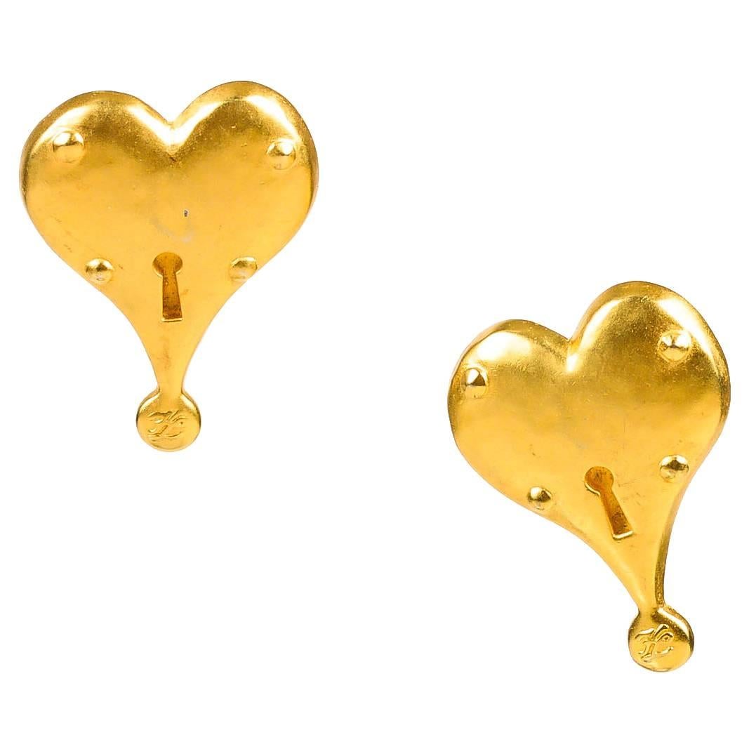 Vintage Karl Lagerfeld Matte Gold Tone Heart Clip On Earrings For Sale