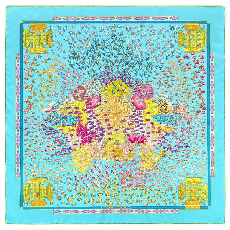 HERMES c.2001 Annie Faivre "Rencontre Oceane" Fish Coral Reef Print Silk  Scarf at 1stDibs | hermes rencontre oceane, hermes fish scarf, fish  rencontre