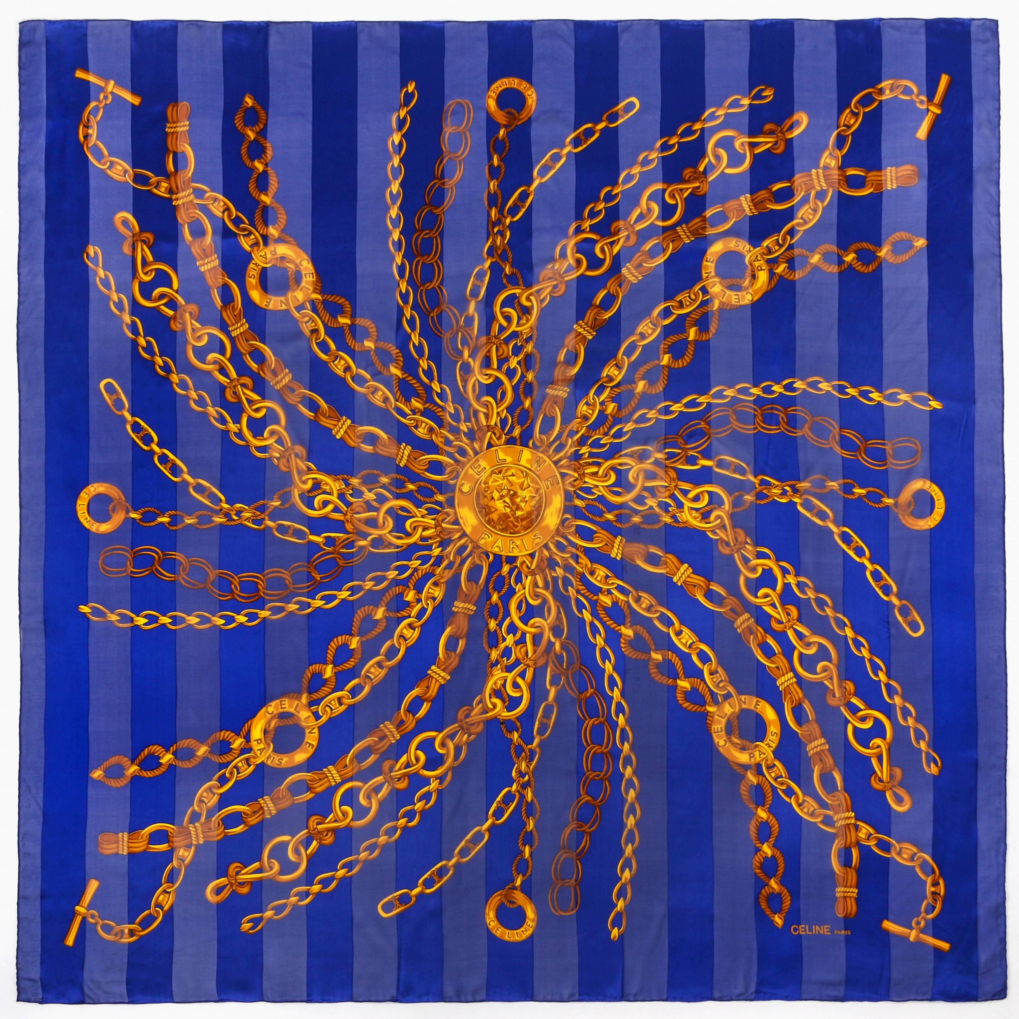 CELINE X-Large Blue Gold 100% Silk Striped Chain Medallion Print Scarf Wrap