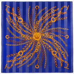CELINE X-Large Blue Gold 100% Silk Striped Chain Medallion Print Scarf Wrap